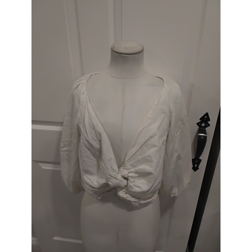 ZARA White Twist Front Crop Top Bardot‎ Square Neck Balloon Sleeve Size S